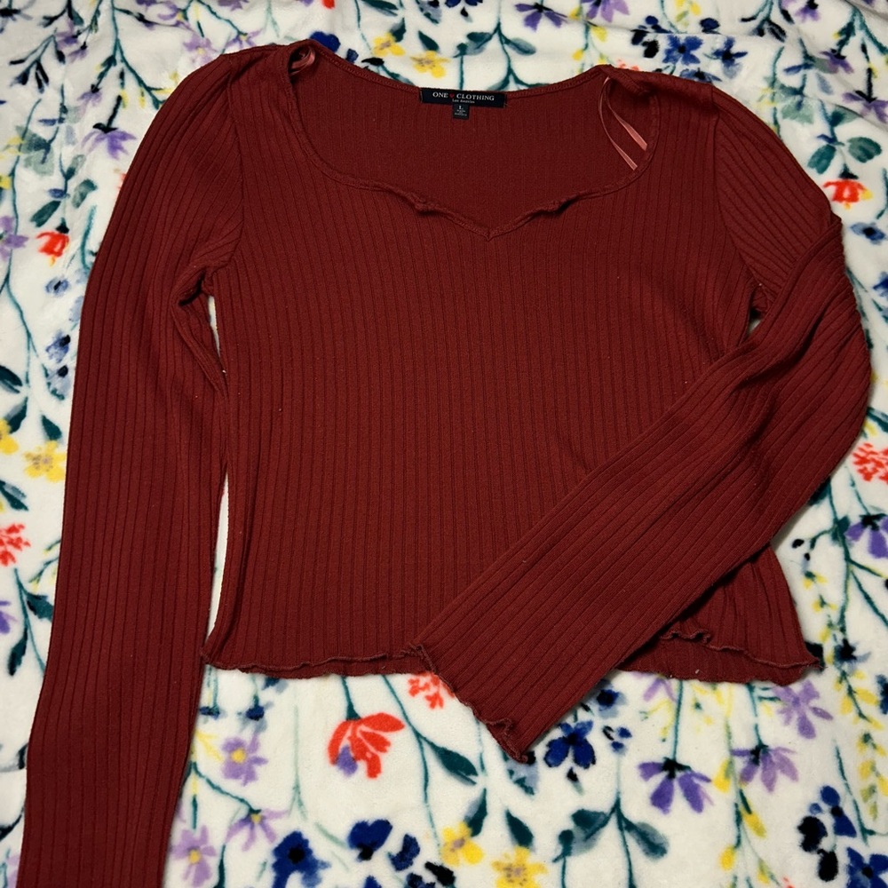 One Clothing Women's Maroon Ribbed Long Sleeve Top